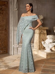 Aureia Elegant Luxurious Gray-Green Lace Asymmetrical Design Modified Flutter Sleeve Mermaid Dress Suitable For Wedding Bridesmaid Gown - Green - View 3