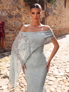 Aureia Elegant Luxurious Gray-Green Lace Asymmetrical Design Modified Flutter Sleeve Mermaid Dress Suitable For Wedding Bridesmaid Gown - Green - View 2