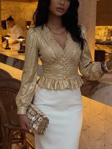 Serisse Women's Lace Patchwork Pleated Fashion Versatile Daily Casual Blouse - Gold - View 4