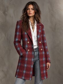 Solivie 女款秋冬格紋混紡羊毛西裝外套，紅色格紋套裝外套，外出穿搭格紋襯衫 - 紅色 - 查看 5