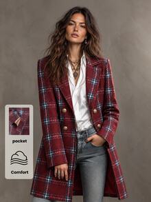 Solivie 女款秋冬格紋混紡羊毛西裝外套，紅色格紋套裝外套，外出穿搭格紋襯衫 - 紅色 - 查看 9