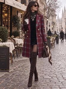 Solivie 女款秋冬格紋混紡羊毛西裝外套，紅色格紋套裝外套，外出穿搭格紋襯衫 - 紅色 - 查看 2