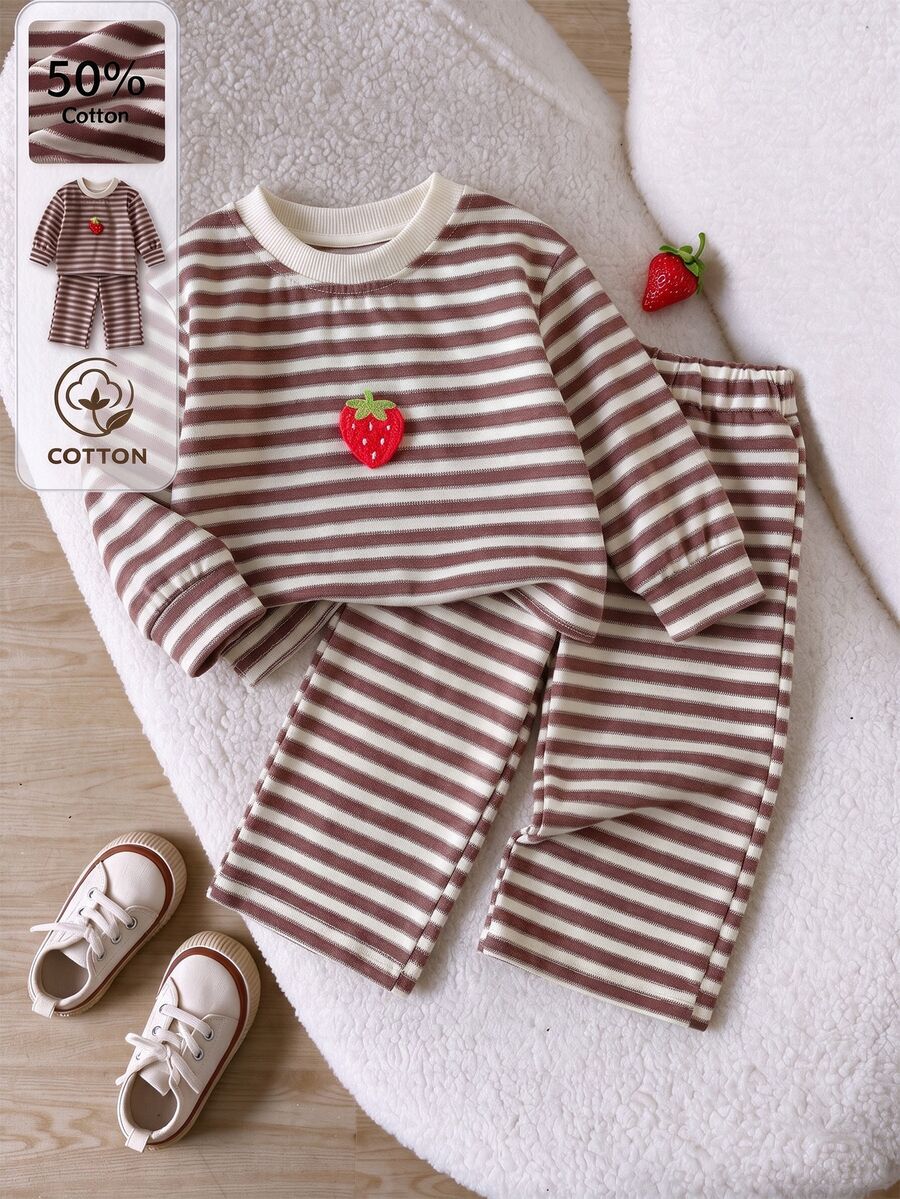 SHEIN 2Pcs Baby Girl Fall Winter Striped Cotton Outfit, Cute Striped Knit Brown Top + Elastic Waist Wide-Leg Straight Pants, Matchable For Halloween Theme