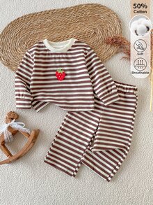 SHEIN 2Pcs Baby Girl Fall Winter Striped Cotton Outfit, Cute Striped Knit Brown Top + Elastic Waist Wide-Leg Straight Pants, Matchable For Halloween Theme - Multicolor - View 4