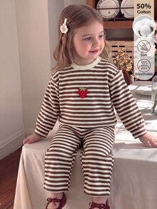 SHEIN 2Pcs Baby Girl Fall Winter Striped Cotton Outfit, Cute Striped Knit Brown Top + Elastic Waist Wide-Leg Straight Pants, Matchable For Halloween Theme - Multicolor - View 2
