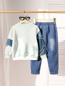 SHEIN 2pcs/Set Boys Toddler Asymmetrical Raw Edge Denim Effect Patchwork Letter Embroidery Crew Neck Sweatshirt + Distressed Ripped Jeans Set, Long Sleeve Pullover Top, Elastic Waist Denim Pants, Autumn Casual Kids 2 Pieces Outfit - Multicolor - View 3