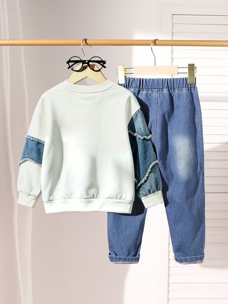 SHEIN 2pcs/Set Boys Toddler Asymmetrical Raw Edge Denim Effect Patchwork Letter Embroidery Crew Neck Sweatshirt + Distressed Ripped Jeans Set, Long Sleeve Pullover Top, Elastic Waist Denim Pants, Autumn Casual Kids 2 Pieces Outfit - Multicolor - View 2