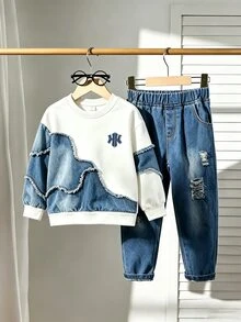 SHEIN 2pcs/Set Boys Toddler Asymmetrical Raw Edge Denim Effect Patchwork Letter Embroidery Crew Neck Sweatshirt + Distressed Ripped Jeans Set, Long Sleeve Pullover Top, Elastic Waist Denim Pants, Autumn Casual Kids 2 Pieces Outfit - Multicolor - View 4