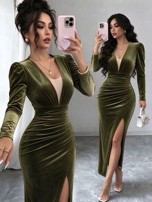 Fine & Folde Women's Elegant Sexy Velvet Slim Fit Long Sleeve Dress Christmas New Year Dinner Night Olive Green Fall - Olive Green - View 1