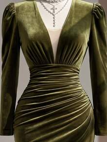 Fine & Folde Women's Elegant Sexy Velvet Slim Fit Long Sleeve Dress Christmas New Year Dinner Night Olive Green Fall - Olive Green - View 7