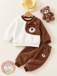 Cozy Pixies Baby Boy Cartoon Bear Graphic Colorblock Plush Crew Neck Pullover Long Sleeve Sweatshirt, Versatile Casual, Suitable For Autumn/Winter - Coffee Brown - View 2