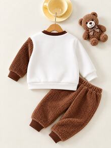 Cozy Pixies Baby Boy Cartoon Bear Graphic Colorblock Plush Crew Neck Pullover Long Sleeve Sweatshirt, Versatile Casual, Suitable For Autumn/Winter - Coffee Brown - View 3