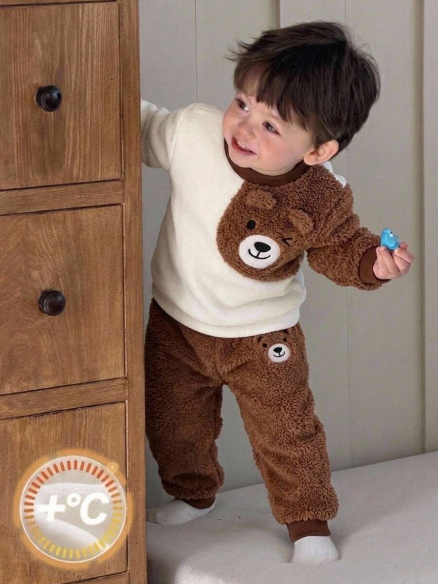 Cozy Pixies Baby Boy Cartoon Bear Graphic Colorblock Plush Crew Neck Pullover Long Sleeve Sweatshirt, Versatile Casual, Suitable For Autumn/Winter - Coffee Brown - View 1