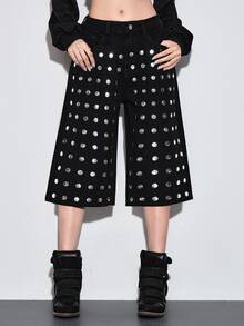 ROMWE Y2K Street Style Hot Girl Black Low Waist 7/10 Length Silver Studded Women's Jeans - Black - View 1