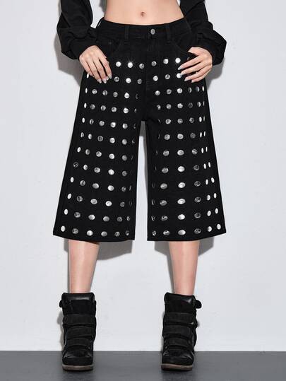 Y2K Jeans da donna stile street hot girl neri a vita bassa lunghezza 7/10 con borchie argento