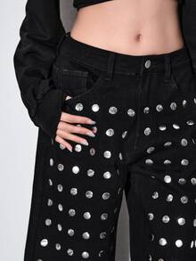 ROMWE Y2K Street Style Hot Girl Black Low Waist 7/10 Length Silver Studded Women's Jeans - Black - View 6