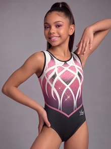 SHEIN Tween Girls Shiny Rhinestone Gradient Black And Pink One-Piece Leotard, Snug Fit High-Elasticity Dance Ballet Gymnastics Jumpsuit, Summer Gym Outfit - Multicolor - View 5
