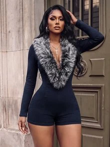 BriallanyX BriallanyX Đồ liền thân denim nữ phối lông xù phong cách thường ngày thoải mái - Màu xanh lam - Xem 4