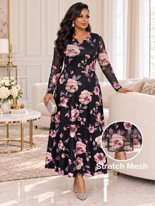 Fleurora Plus Size Women's Floral Print Long Sleeve Elegant Dress - Multicolor - View 1