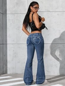 Rivivi Women's Fashion Heart Pocket Slim Fit Washed Denim Flare Jeans - Dark Wash - View 1