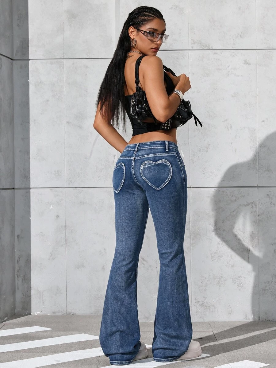 Rivivi Women's Fashion Heart Pocket Slim Fit Washed Denim Flare Jeans - Dark Wash - View 1