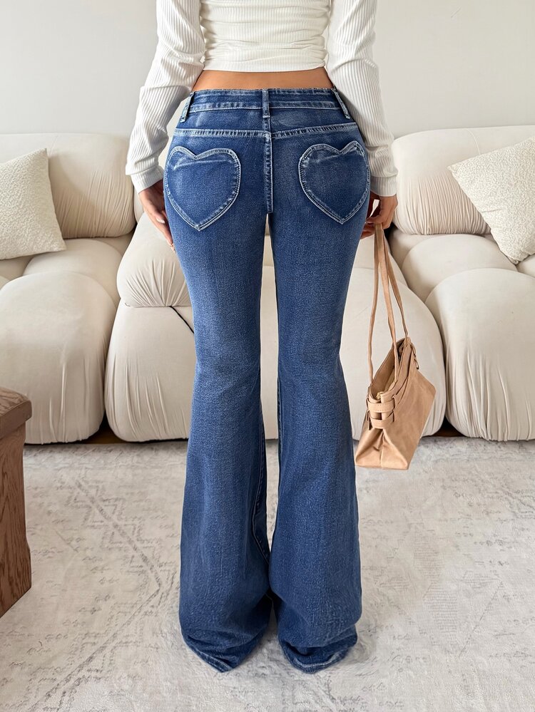 Rivivi Women's Fashion Heart Pocket Slim Fit Washed Denim Flare Jeans - Dark Wash - View 3