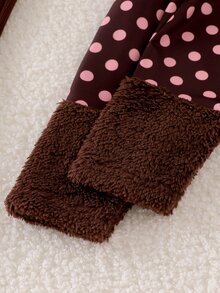 SHEIN 2pcs Young Girl Polka Dot Fuzzy Cuff Mock Scalloped Mock Neck Regular+ Flare Pants Pullover Princess Ribbed Knit Set,For New Year, Christmas Party - Brown - View 7