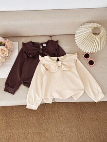 New Girls Toddler Cute Comfortable Sweet Princess Style Fairy Cowgirl Bow Long Sleeve T-Shirt 2pcs/Set 4rd-7rd Birthday Brown And Apricot Palette. - Multicolor - View 5