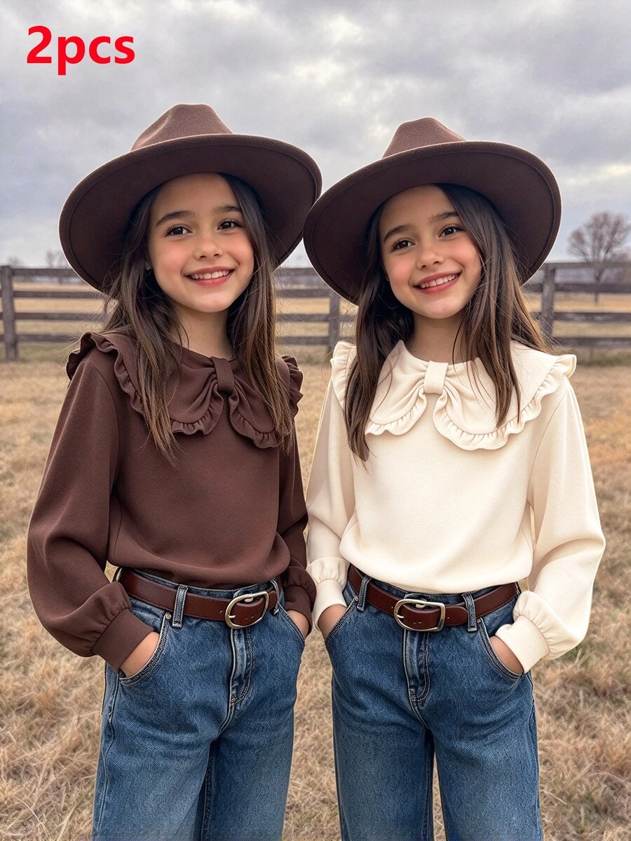 New Girls Toddler Cute Comfortable Sweet Princess Style Fairy Cowgirl Bow Long Sleeve T-Shirt 2pcs/Set 4rd-7rd Birthday Brown And Apricot Palette. - Multicolor - View 1