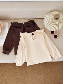New Girls Toddler Cute Comfortable Sweet Princess Style Fairy Cowgirl Bow Long Sleeve T-Shirt 2pcs/Set 4rd-7rd Birthday Brown And Apricot Palette. - Multicolor - View 2