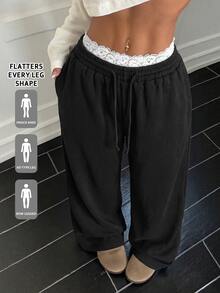 SHEIN EZwear Contrast Color Lace Patchwork Drawstring Waist Oblique Pocket Women's Pants Jogging Everyday Black Fall Casual - Black - View 1
