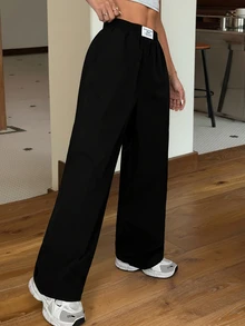 SHEIN EZwear Loose And Casual Black Straight-Leg Baggy Pants With Zhanga Pattern For Spring And Summer Vacation, Autumn/Winter - Black - View 3