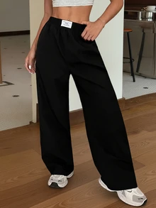 SHEIN EZwear Loose And Casual Black Straight-Leg Baggy Pants With Zhanga Pattern For Spring And Summer Vacation, Autumn/Winter - Black - View 7