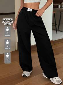 SHEIN EZwear Loose And Casual Black Straight-Leg Baggy Pants With Zhanga Pattern For Spring And Summer Vacation, Autumn/Winter - Black - View 1
