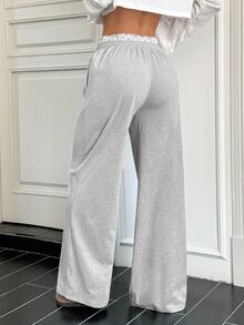SHEIN EZwear Women's Casual Modest Lace Trim Drawstring Waist Pants Lounge Light Grey Fall Lounge Everyday Home Sports - Grey - View 2