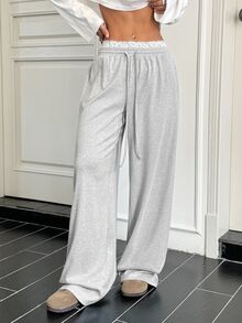 SHEIN EZwear Women's Casual Modest Lace Trim Drawstring Waist Pants Lounge Light Grey Fall Lounge Everyday Home Sports - Grey - View 4
