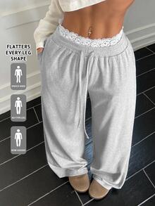 SHEIN EZwear Women's Casual Modest Lace Trim Drawstring Waist Pants Lounge Light Grey Fall Lounge Everyday Home Sports - Grey - View 1