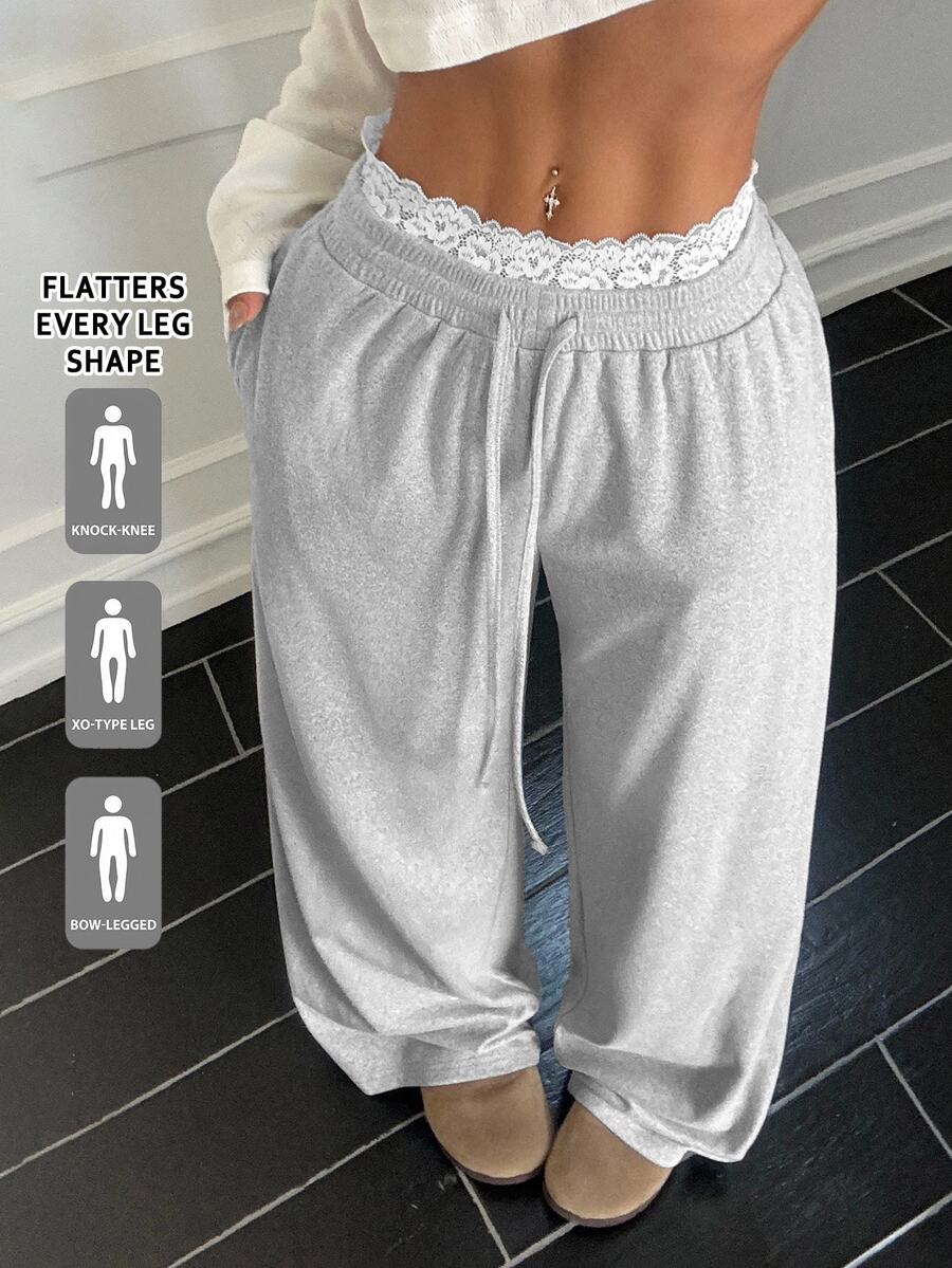 SHEIN EZwear Women's Casual Modest Lace Trim Drawstring Waist Pants Lounge Light Grey Fall Lounge Everyday Home Sports - Grey - View 1