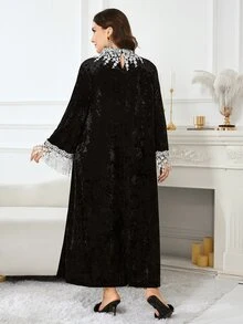 Al Najma Women's Lace Trim Patchwork Gold Rhinestone Velvet Elegant Evening Gown Autumn/Winter Plus Size Arabian Dress - Multicolor - View 2