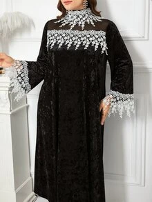 Al Najma Women's Lace Trim Patchwork Gold Rhinestone Velvet Elegant Evening Gown Autumn/Winter Plus Size Arabian Dress - Multicolor - View 5