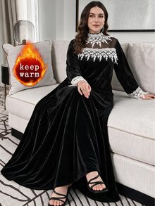 Al Najma Women's Lace Trim Patchwork Gold Rhinestone Velvet Elegant Evening Gown Autumn/Winter Plus Size Arabian Dress - Multicolor - View 1