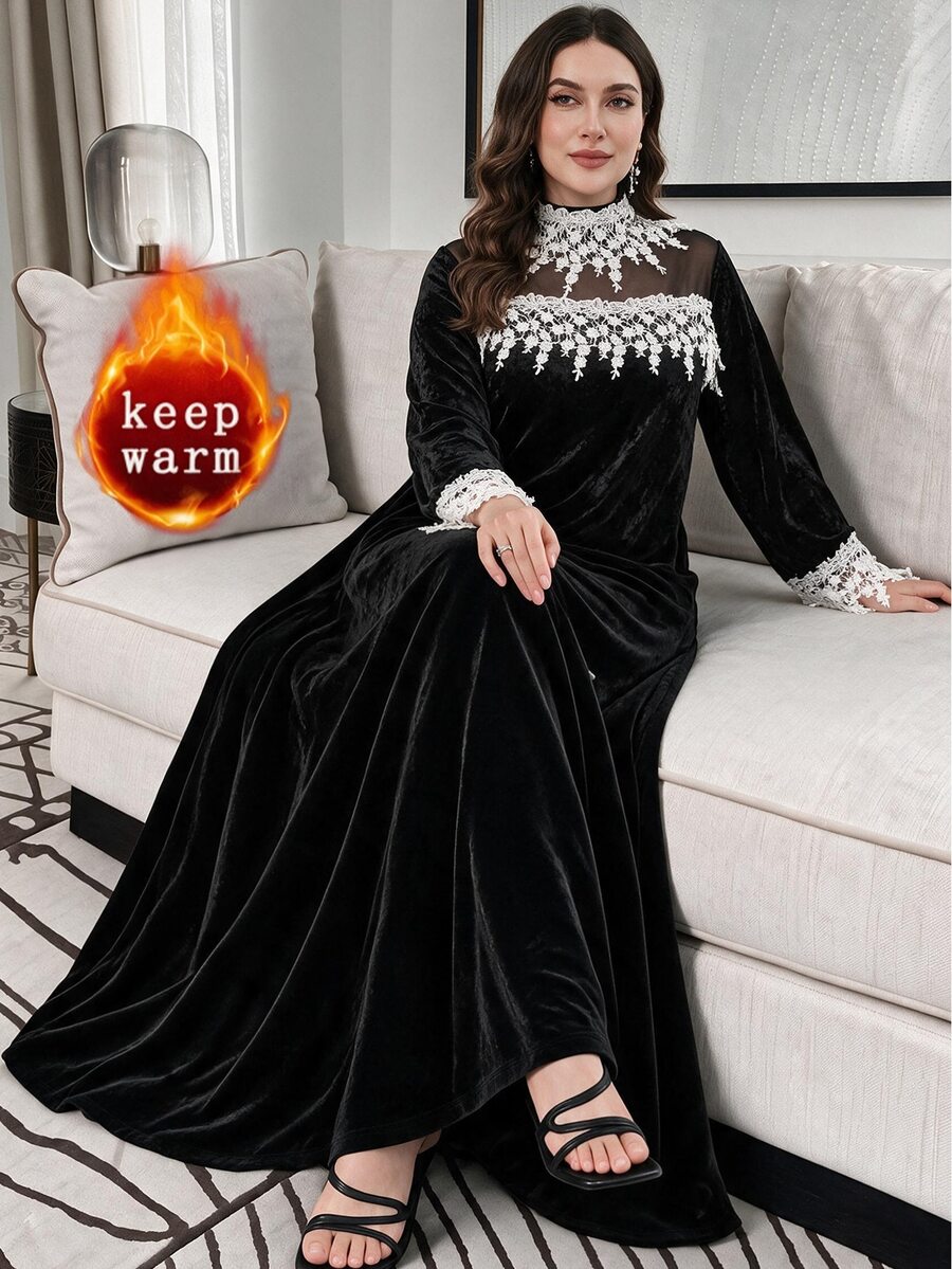 Al Najma Women's Lace Trim Patchwork Gold Rhinestone Velvet Elegant Evening Gown Autumn/Winter Plus Size Arabian Dress - Multicolor - View 1