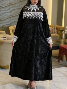 Al Najma Women's Lace Trim Patchwork Gold Rhinestone Velvet Elegant Evening Gown Autumn/Winter Plus Size Arabian Dress - Multicolor - View 7