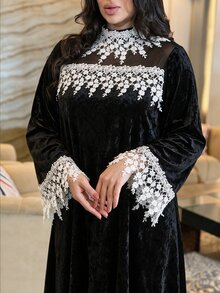 Al Najma Women's Lace Trim Patchwork Gold Rhinestone Velvet Elegant Evening Gown Autumn/Winter Plus Size Arabian Dress - Multicolor - View 3