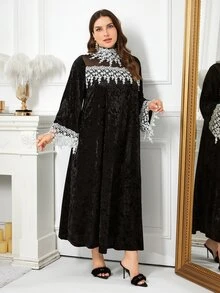 Al Najma Women's Lace Trim Patchwork Gold Rhinestone Velvet Elegant Evening Gown Autumn/Winter Plus Size Arabian Dress - Multicolor - View 6
