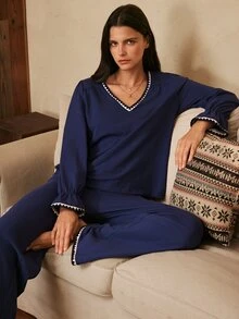 Lullawish Bohemian Style Women's Minimalist Cotton Pajama Set - Navy Blue - View 7