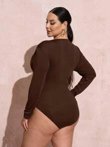 SHEIN SXY Sexy Casual Minimalist V-Neck Long Sleeve Slim Fit Plus Size Women's Bodysuit, Suitable For Summer - Brown - View 2