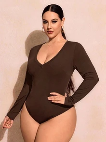 SHEIN SXY Sexy Casual Minimalist V-Neck Long Sleeve Slim Fit Plus Size Women's Bodysuit, Suitable For Summer - Brown - View 3
