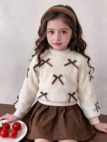 Young Girls 2pcs Autumn/Winter Cute Bowknot Decor Ribbed Long Sleeve Sweatshirt And Brown Skirt Set Kids Preppy Outfits Fall Clothing White - White - View 1
