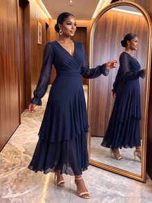 SHEIN Lady Plus Size Women Solid Color Overlap V-Neck Ruffle Hem Elegant Dress Party Dresses Prom Dresses Date Night Dress Luxury Evening Dresses For Weddings - Navy Blue - View 2